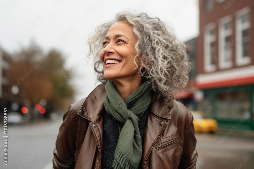 happy senior woman with curly hair walking on street in city at fall happy senior woman with curly hair walking on street in city at fall