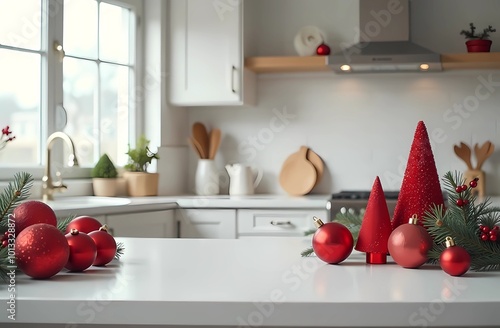 White kitchen counter with lots of Christmas ornaments on it. Holiday decoration