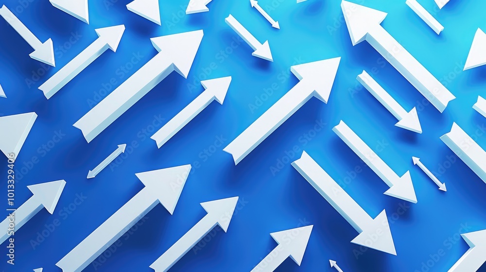 Multiple white arrows pointing in various directions on a blue background. Concept of choice, decisions, paths, and directions in life. Multiple white arrows pointing in various directions on a blue background. Concept of choice, decisions, paths, and directions in life.