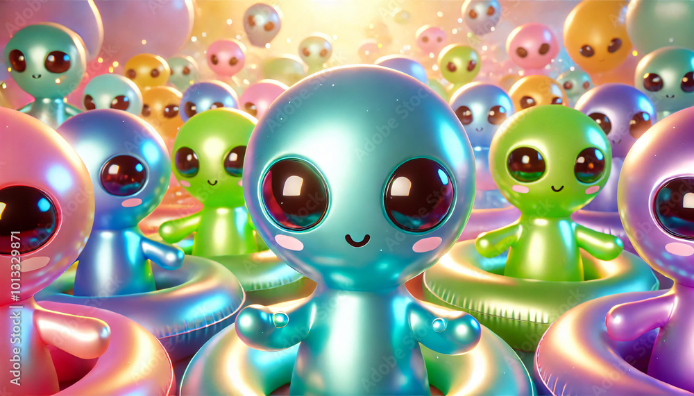 Fototapeta premium Adorable inflatable aliens at beach party 3D
