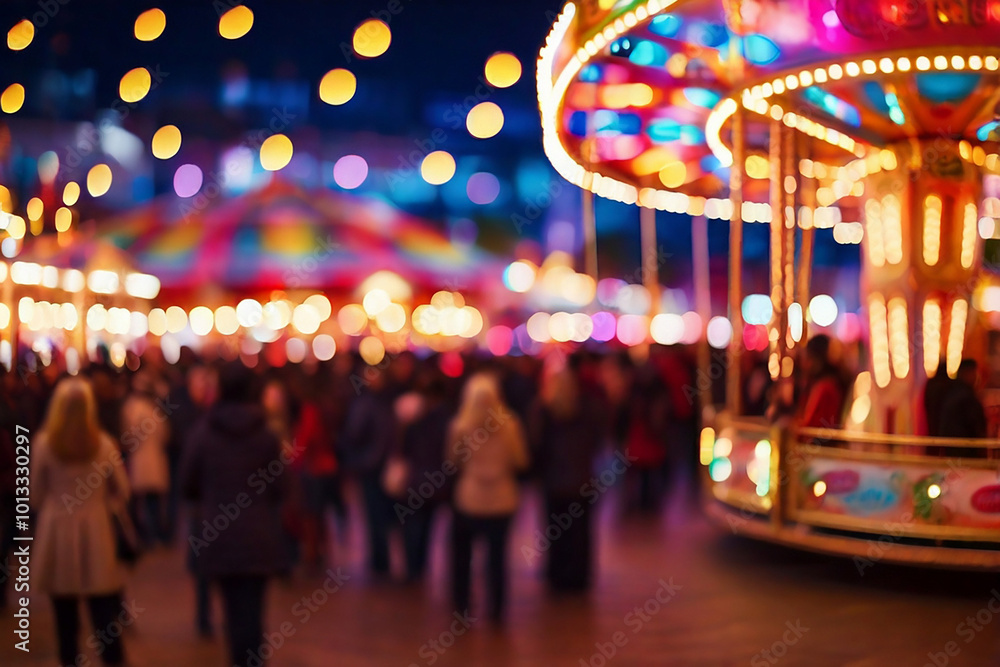 Abstract blurred background of people riding carousel at amusement park in evening Abstract blurred background of people riding carousel at amusement park in evening