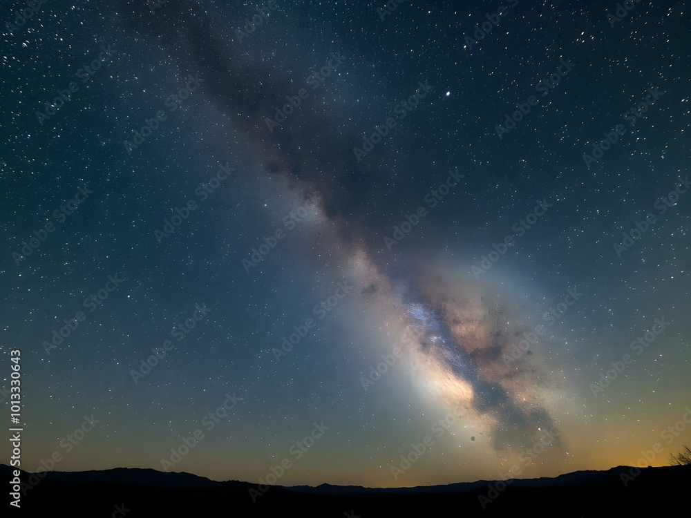 Fototapeta premium A stunning night sky filled with countless stars, the Milky Way glowing brightly across the horizon, and soft silhouettes of mountains in the distance 