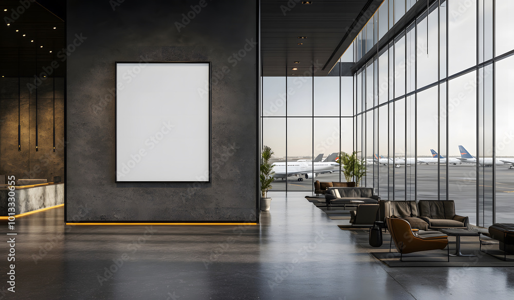 Contemporary airport interior with a blank banner mockup amidst comfortable seating arrangements design Contemporary airport interior with a blank banner mockup amidst comfortable seating arrangements design