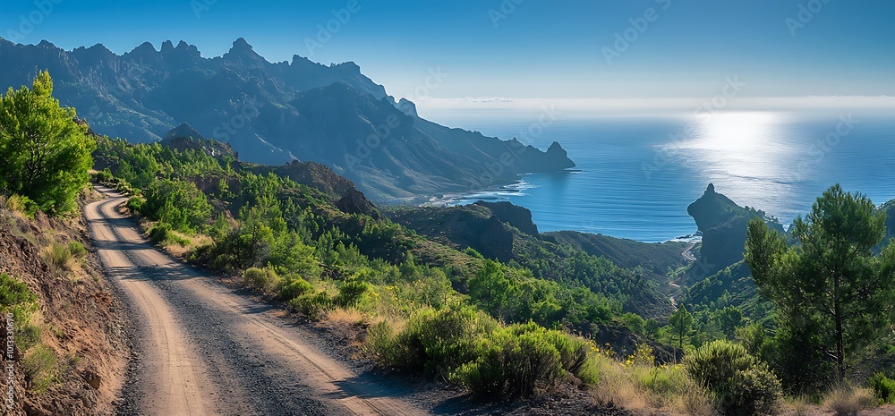 Winding road leading to a picturesque bay with a breathtaking view of the ocean and mountains in the background. Winding road leading to a picturesque bay with a breathtaking view of the ocean and mountains in the background.