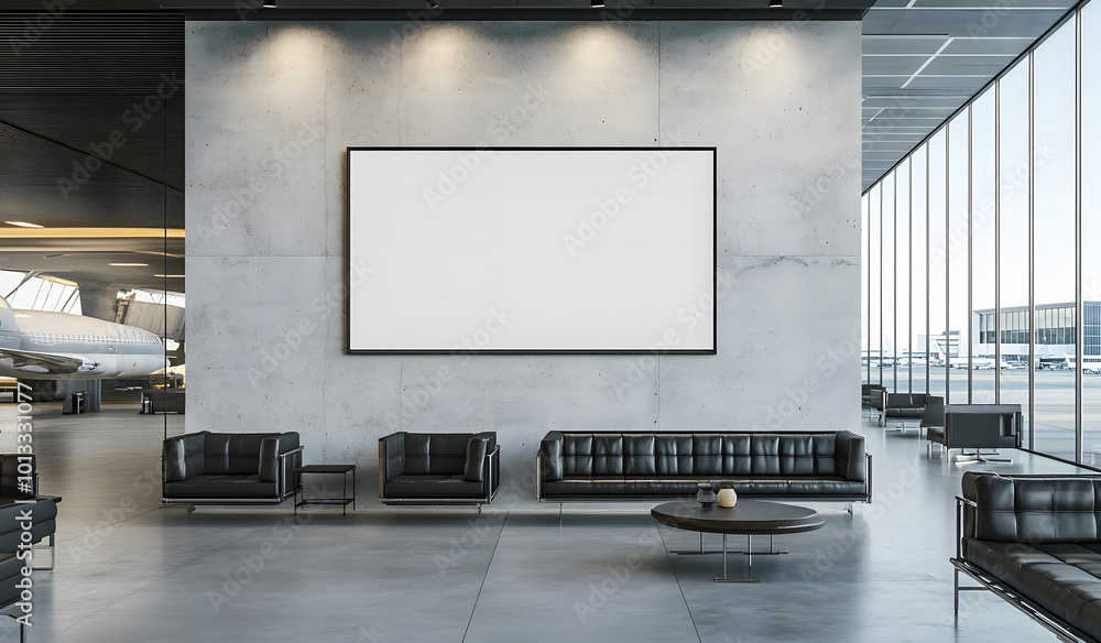 Contemporary airport interior with a blank banner mockup amidst comfortable seating arrangements design Contemporary airport interior with a blank banner mockup amidst comfortable seating arrangements design