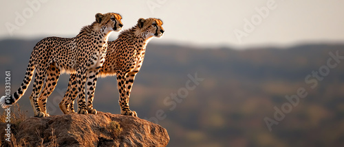 Two cheetahs standing on a rock, observing their surroundings. photo