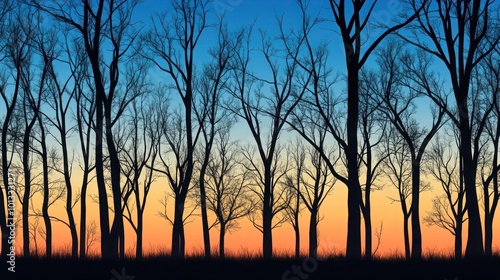Silhouette of trees at dusk with a gradient sky for wall frame mockup.