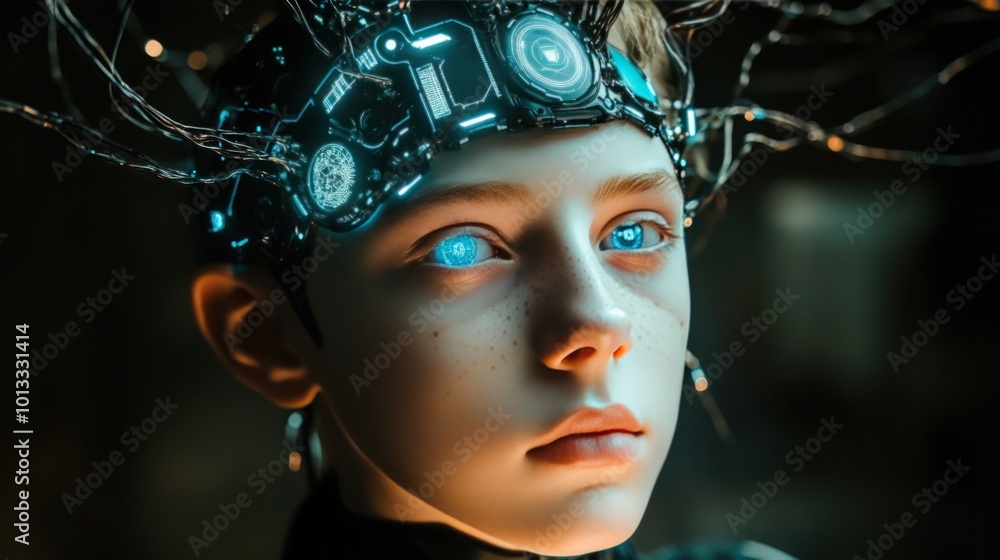 Humanoid cyber boy with an advanced AI brain interface Humanoid cyber boy with an advanced AI brain interface