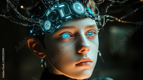 Humanoid cyber boy with an advanced AI brain interface