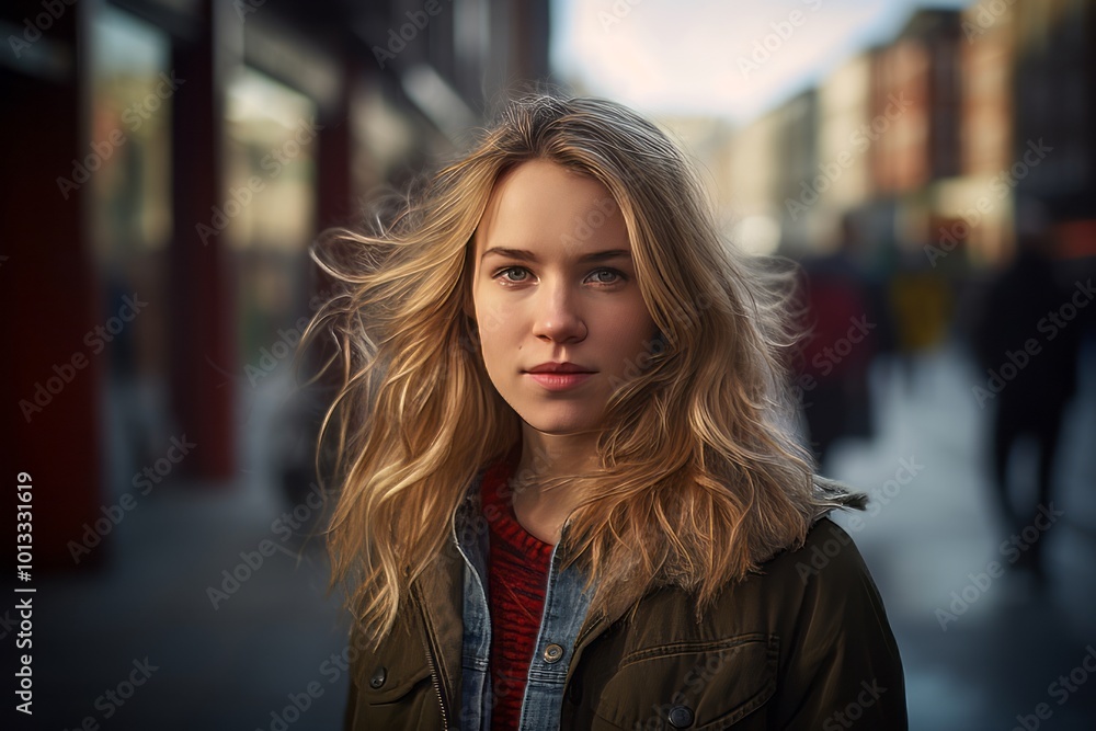 Portrait of a beautiful young woman with long blond hair in the city Portrait of a beautiful young woman with long blond hair in the city