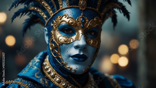 Person in blue carnival costume and Venetian mask, portrait.