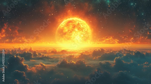 A large fiery sun rising over a sea of clouds with a starry sky.