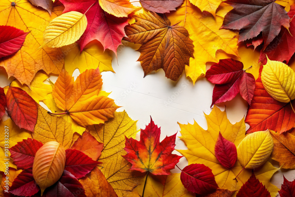 Fototapeta premium Vibrant autumn leaves in shades of red, orange, yellow, and brown create stunning seasonal display. colorful foliage forms beautiful backdrop, evoking essence of fall