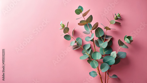Wallpaper Mural Eucalyptus plant on pink wall, showcasing vibrant green leaves and modern aesthetic. This arrangement adds fresh touch to any space, enhancing decor beautifully Torontodigital.ca