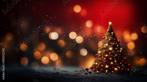 Festive christmas tree adorned with red ornaments and golden stars against a bokeh light background