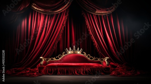 Regal red velvet pillow with golden crown on dark background for royal throne concept banner photo