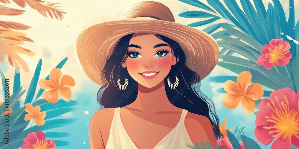 Welcome summer social media post template with beautiful girl and flowers background Welcome summer social media post template with beautiful girl and flowers background