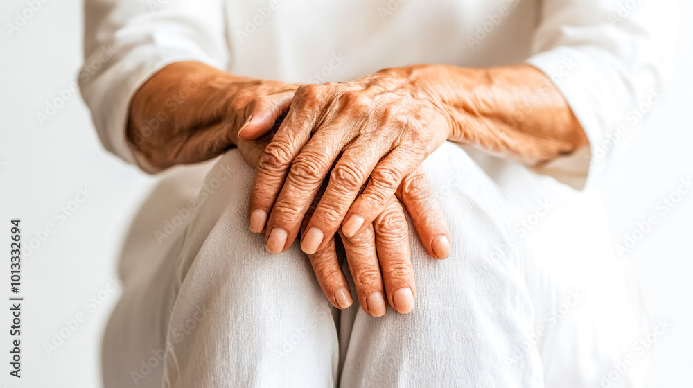 Senior woman resting hands on lap close up Senior woman resting hands on lap close up
