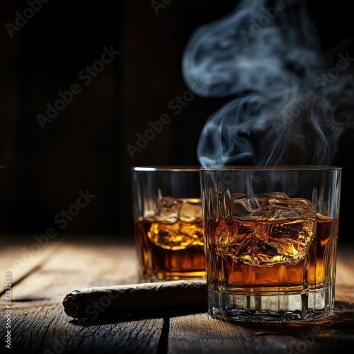 Whiskey with smoking cigar with background