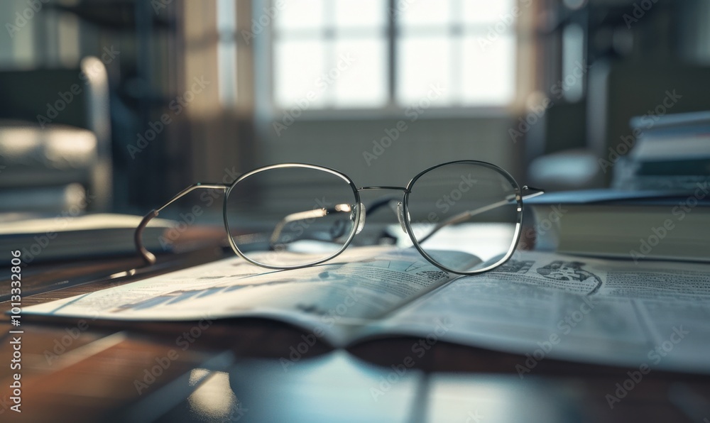 Pair of reading glasses on the coffee table, 4K hyperrealistic photo