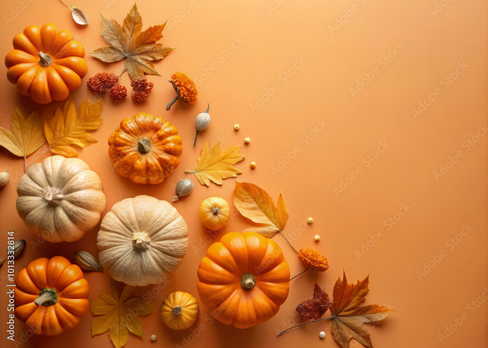 Fototapeta premium Autumn pumpkins and leaves create warm, festive atmosphere perfect for Thanksgiving celebrations. vibrant oranges and earthy tones evoke sense of seasonal joy and abundance