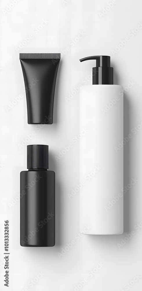 Cosmetic packaging design mockup, with a white and black color theme. Simple, flat illustration, vector art design, high-resolution design, 2D, flat background design Cosmetic packaging design mockup, with a white and black color theme. Simple, flat illustration, vector art design, high-resolution design, 2D, flat background design