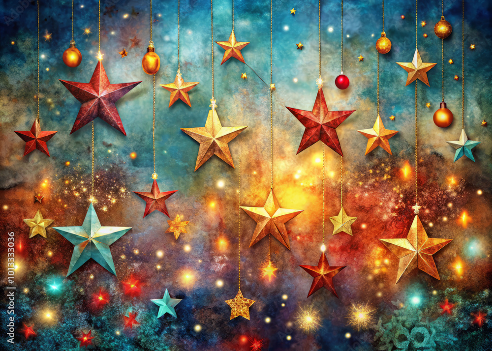 Colorful stars hang against vibrant background, creating festive atmosphere perfect for holiday celebrations. blend of colors and textures adds magical touch to any decor Colorful stars hang against vibrant background, creating festive atmosphere perfect for holiday celebrations. blend of colors and textures adds magical touch to any decor