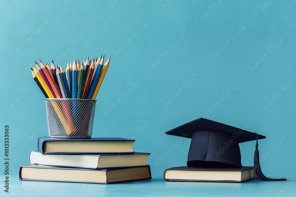 A stack of books and a black cap with a gold tassel A stack of books and a black cap with a gold tassel