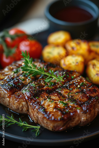 Succulent Grilled Steak with Rosemary, Baby Potatoes, and Tomatoes on a Black Plate, Served for Dinner