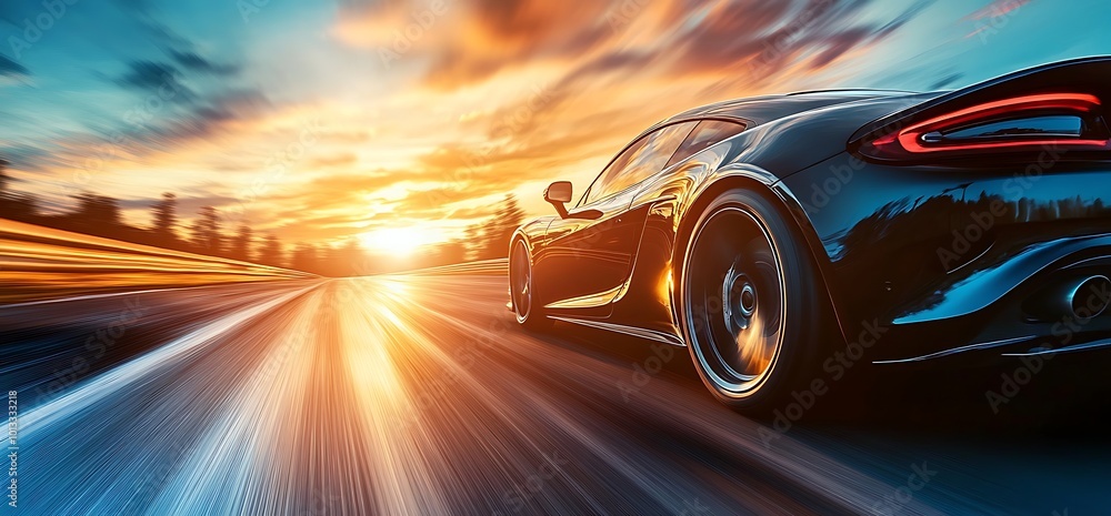 Black sports car speeding on a highway at sunset. Black sports car speeding on a highway at sunset.