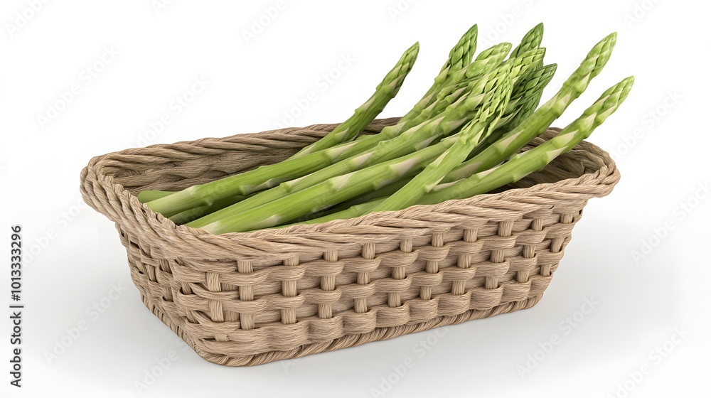 Realistic arrangement of fresh asparagus spears in a wooden basket on a white background, showcasing their vibrant green color and slender texture Realistic arrangement of fresh asparagus spears in a wooden basket on a white background, showcasing their vibrant green color and slender texture