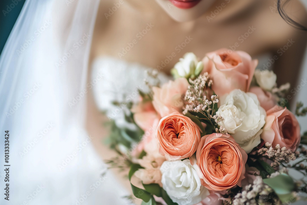 Naklejka premium A woman is holding a bouquet of flowers, which includes pink and white roses