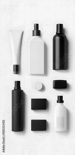 Cosmetic packaging design mockup, with a white and black color theme. Simple, flat illustration, vector art design, high-resolution design, 2D, flat background design