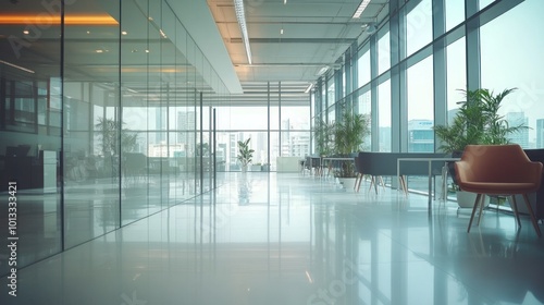 Modern Office Interior with Glass Walls and City View