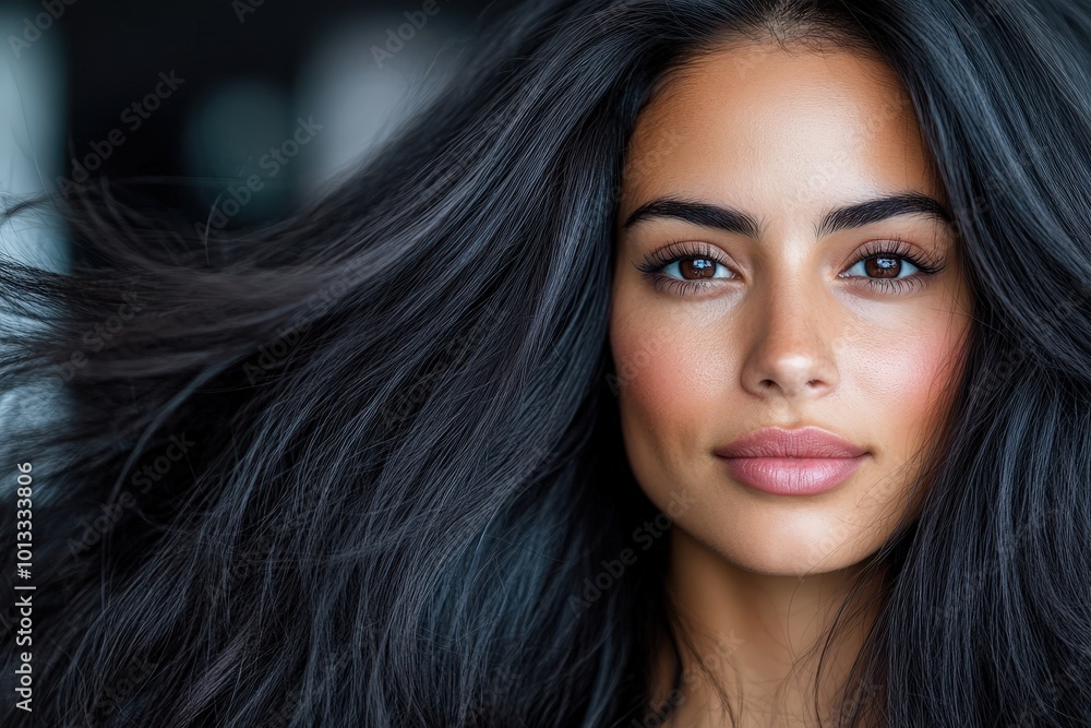 Fototapeta premium A striking close-up of a woman with lush, voluminous dark hair steals the spotlight, highlighting her captivating gaze and confident aura in a modern setting.
