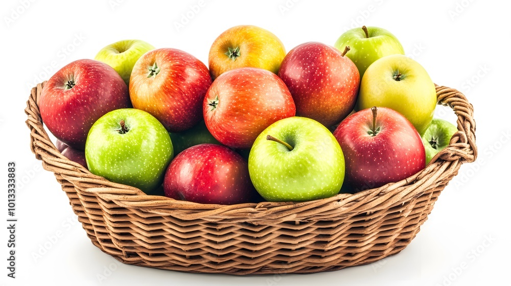 Realistic display of whole apples (red, green, and yellow) in a wicker basket on a white background, emphasizing their smooth skins and varied colors Realistic display of whole apples (red, green, and yellow) in a wicker basket on a white background, emphasizing their smooth skins and varied colors