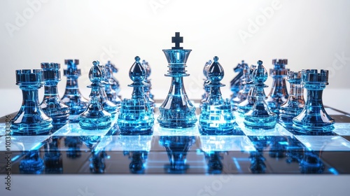 Holographic chessboard where the pieces morph into robots and lasers, futuristic reinterpretation of a classic game photo