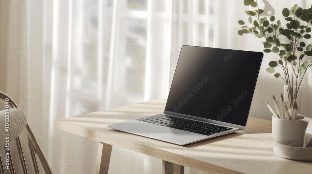 Laptop on a Wooden Desk in a Minimalistic Room Laptop on a Wooden Desk in a Minimalistic Room