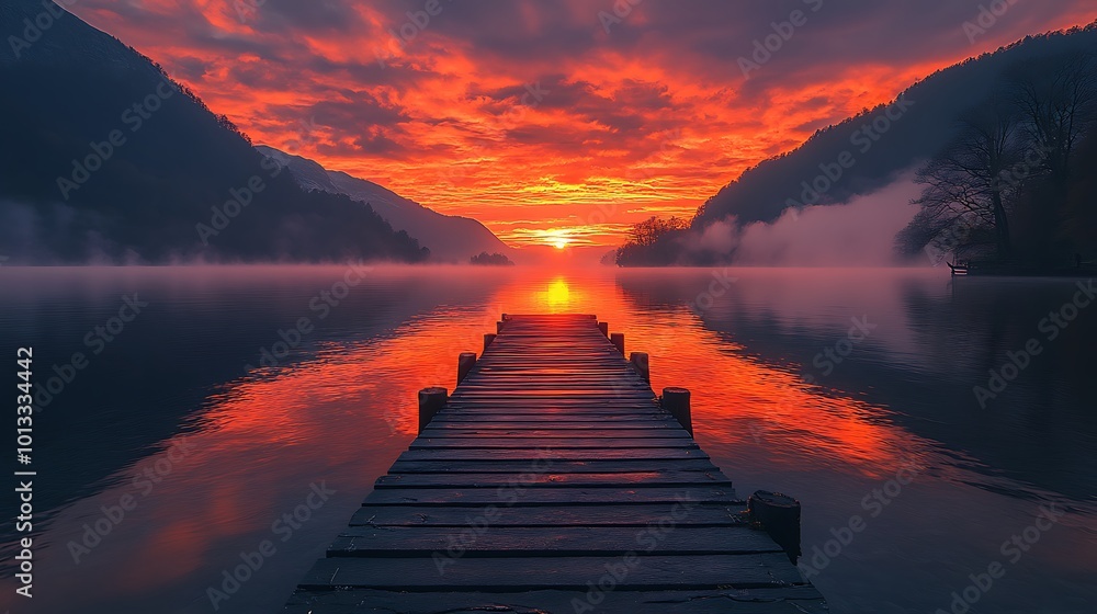 A wooden dock extends into a misty lake at sunrise, with the sky ablaze in vibrant orange and red hues. A wooden dock extends into a misty lake at sunrise, with the sky ablaze in vibrant orange and red hues.