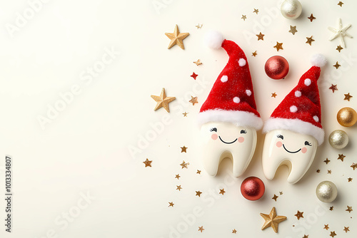 Christmas concept, cute smiling tooth characters in christmas hats with christmas balls decoration and stars on a SOFT background. Top view of two teeth wearing christmas costumes for a dental clinic
