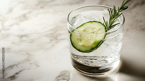 Refreshing cucumber and rosemary drink in a glass on a marble background.