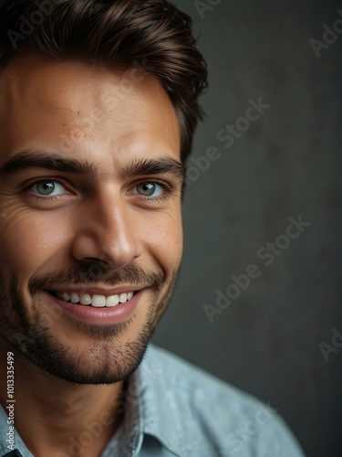 Portrait of a handsome man smiling on a gray background