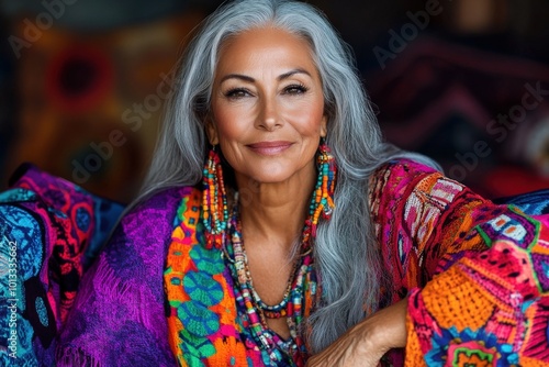 Elegant elderly woman with long gray hair in vibrant bohemian ethnic clothing, embodying wisdom, grace, and cultural diversity, with a serene smile.