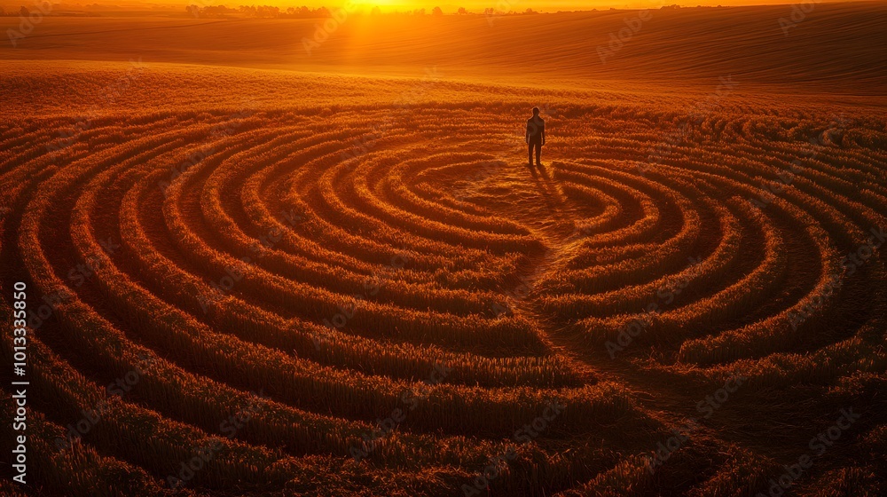 Solitary figure walking through a golden wheat field at sunset