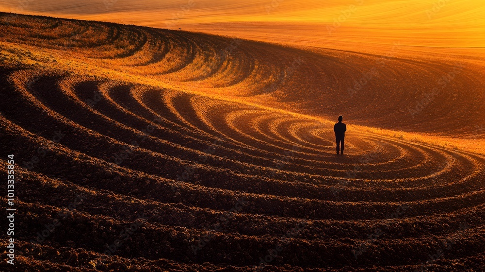 Naklejka premium Lone figure in a golden field at sunset