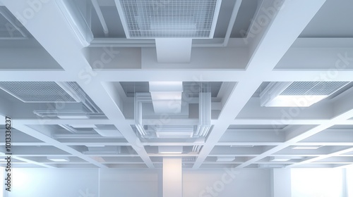 Sleek, industrial ceiling design in a US factory with integrated LED lighting, clean lines, and concealed ventilation for a futuristic look. 