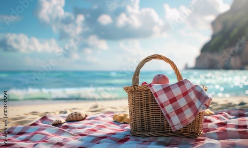 Picnic basket on the beach towel, 4K hyperrealistic photo photo