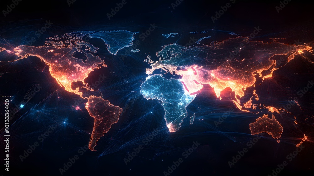 Glowing global network connections on world map Glowing global network connections on world map