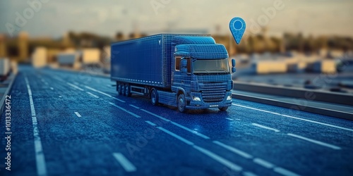 Truck on blue road with location marker, abstract city road. Mockup, Generative AI