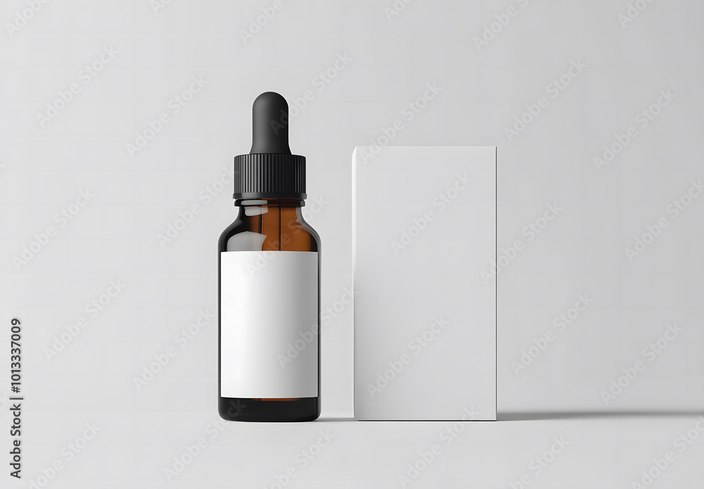 create an ultra-realistic mockup of the white blank box next to it. The bottle is made of glass and has a dropper top design. It's set against a light gray background design create an ultra-realistic mockup of the white blank box next to it. The bottle is made of glass and has a dropper top design. It's set against a light gray background design